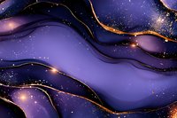 Luxurious purple and navy abstract waves with gold glitter trim and sparkling star dust on dark cosmic background, modern fluid art design pattern.