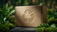 Eco-friendly cardboard shipping box with recycling symbol surrounded by green ferns, promoting sustainable packaging and environmental responsibility.