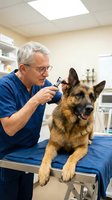 Middle-aged Caucasian male veterinarian in blue scrubs examining a German Shepherd dog's ear with otoscope in a modern veterinary clinic.
