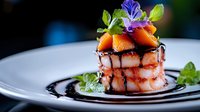 Gourmet dessert with fresh berries and mint garnish on white plate, elegant restaurant plating with chocolate sauce drizzle for fine dining menu.