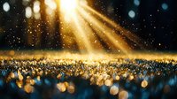 Magical golden light rays shine through darkness onto glittering surface creating dreamy bokeh effect with scattered sparkles and ethereal glow in night atmosphere.