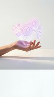 Hand holding glowing purple spiral and branch neon lines against white background, representing energy, creativity, innovation, and digital transformation for technology and business concepts.