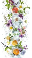 Fresh citrus fruits, flowers and herbs in splashing water with ice cubes and bubbles. Dynamic summer composition with oranges, daisies and purple blooms.