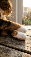Calico cat paws resting on rustic wooden surface in warm golden sunlight near a window, cozy home pet lifestyle concept.