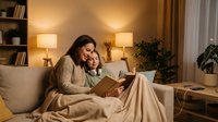 Young mother and daughter reading book together on cozy sofa in warm living room with soft lighting creating intimate family bonding moment at home.