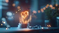 Glowing heart hologram above stack of coins with financial graph, bokeh lights background. Digital finance and investment concept with romantic element.