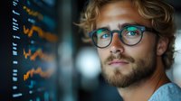 Young Caucasian male trader with glasses and beard analyzing financial market data on digital screens, focused expression while monitoring stock charts and trends.
