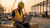Construction worker using laptop computer at building site during golden hour sunset for project management and digital planning.