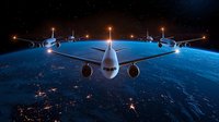Commercial passenger aircraft flying over Earth at night with city lights below, escorted by military fighter jets against starry space background. Dramatic aviation scene.