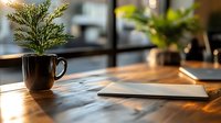Green plant in black coffee mug on wooden desk with laptop and natural sunlight streaming through window, creating cozy home office atmosphere for remote work.