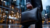 Professional businessman holding black leather briefcase walking through modern city street at night with blurred urban lights and office buildings in background.