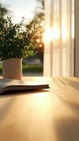 Open book on wooden table with potted plant at sunset, warm golden light streaming through window creates peaceful atmosphere and long shadows.
