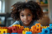 Young African American girl with natural curly hair smiling while playing with colorful building blocks and educational toys at home, expressing joy and curiosity.