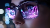 Neon pink and purple financial chart reflection in glasses lens against dark background with bokeh lights, showing market data visualization and analysis.