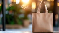 Eco-friendly beige canvas tote bag on wooden surface with warm bokeh lights background. Sustainable shopping accessory for retail and environmental concepts.