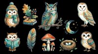 Owl collection with decorative elements isolated on transparent background, ready for t-shirt design, clipart, stickers, sublimation and print-on-demand projects.