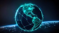 Glowing turquoise holographic globe showing Americas with network connections and grid lines floating in dark space, digital world concept for global technology and connectivity.