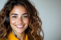 Young mixed race female customer service representative with curly brown hair wearing yellow sweater and headset smiles warmly at camera against light background.