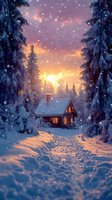 Cozy log cabin glowing warmly among snow-covered pine trees at sunset, with falling snow creating magical winter atmosphere in forest landscape.