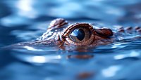 Close up view of alligator eye emerging from blue water surface with ripples and reflections, creating mysterious and dramatic natural scene in wetland habitat.