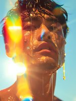 Young male model with wet skin and rainbow light effects, dramatic portrait against blue background with water drops and prismatic reflections creating ethereal atmosphere.