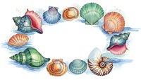 Watercolor seashells frame with colorful marine shells arranged in oval border on white background, perfect for summer designs and coastal decorations.