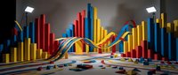 Colorful bar charts and data visualization elements with curved lines on checkered floor under studio lighting for business analytics presentations.
