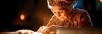 Young woman in cozy knit sweater and hat reading book by warm candlelight creating peaceful evening atmosphere for relaxation and literary enjoyment.