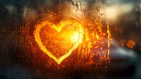 Glowing heart shape drawn on rainy window glass with warm orange light and water drops, creating romantic atmospheric mood in dark evening.