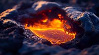 Glowing hot lava flow emerging from dark volcanic rocks creates dramatic natural light effect at sunset, showcasing raw power of volcanic activity in nature.