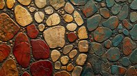 Textured abstract pattern with organic cell-like shapes in turquoise, red, and golden tones creating natural mosaic effect. Rich earthy colors and varied sizes form dynamic composition.
