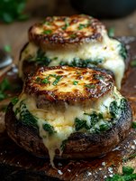 Stuffed portobello mushrooms with melted cheese, spinach and herbs on wooden board. Close up view of grilled appetizer with golden brown crust and creamy filling.