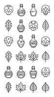 Halloween potion bottles skulls and autumn leaves line art icons set isolated on white background for seasonal design projects.