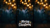 Merry Christmas greeting card with pine branches, cones, and golden bokeh lights on dark forest background for holiday season.