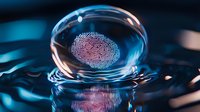 Glowing fingerprint pattern reflected in glass sphere on dark water surface with neon blue lighting, creating futuristic security concept with mirror effect.
