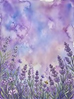 Watercolor lavender field with butterflies and a bee under a dreamy purple sky, copy space for text, greeting card or poster design.