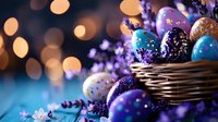 Festive Easter eggs decorated in cosmic galaxy patterns with purple and blue colors nestled in wicker basket, dreamy bokeh lights background creates magical mood.