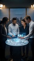 Diverse business team analyzing holographic data visualization on futuristic interactive table in modern office for strategic planning and decision making.
