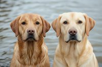 Two Labrador Retrievers, fox red and yellow, sitting side by side against water background, showcasing loyal companionship and breed characteristics.