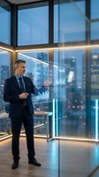 Professional businessman analyzing financial data on transparent digital screen in modern office with city skyline view at evening.