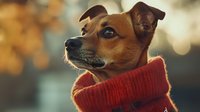 Brown and white Jack Russell terrier wearing red knitted turtleneck sweater against blurred autumn background with warm bokeh lights, close up portrait of pet dog.