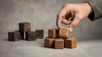 Business hand selecting wooden cube with happy face emoticon from group of blocks showing customer satisfaction and feedback rating concept.