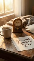 Cozy morning scene with steaming coffee mug, wooden clock, and special limited offer note on rustic table for marketing use.