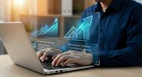 Professional businessman analyzing financial data with holographic charts and graphs on laptop computer showing business growth and success metrics.
