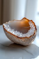 Crystal-lined agate geode with glittering mineral exterior displays natural quartz formations inside smooth copper-toned cavity on white marble surface.