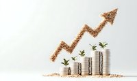 Stacks of coins with small green plants growing on top, arranged in ascending order with a glittering gold arrow showing upward growth trend on white background.