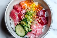 Fresh tuna and salmon sashimi bowl with red caviar, cucumber, microgreens on steamed rice, garnished with sesame seeds and herbs. Japanese cuisine.
