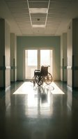 Empty wheelchair in hospital corridor with natural light streaming through windows creating dramatic shadows on polished floor.