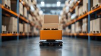 Autonomous mobile robot carrying cardboard boxes in modern warehouse facility with storage racks. Smart logistics and automation technology in action.