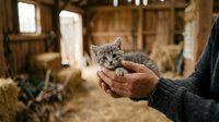 Young tabby kitten held in weathered hands of farmer in rustic barn setting with hay and wooden interior, depicting rural animal care and countryside lifestyle.